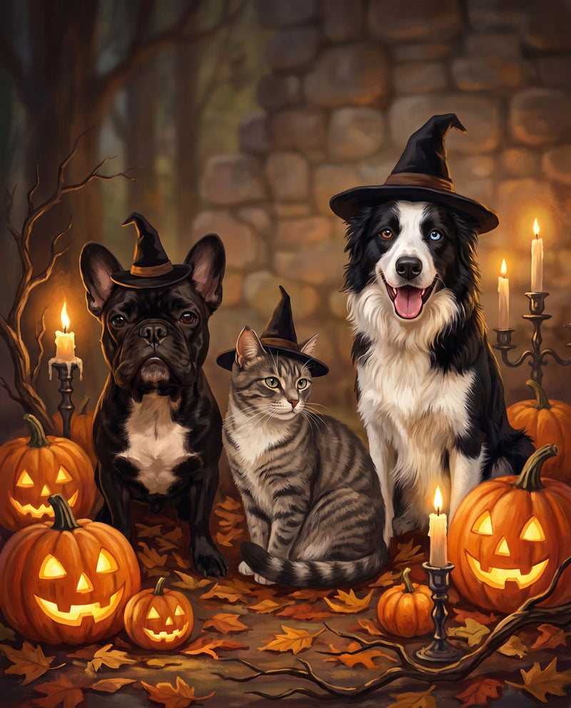 3-pet Halloween portrait example. Two dogs and a cat at the witching hour.