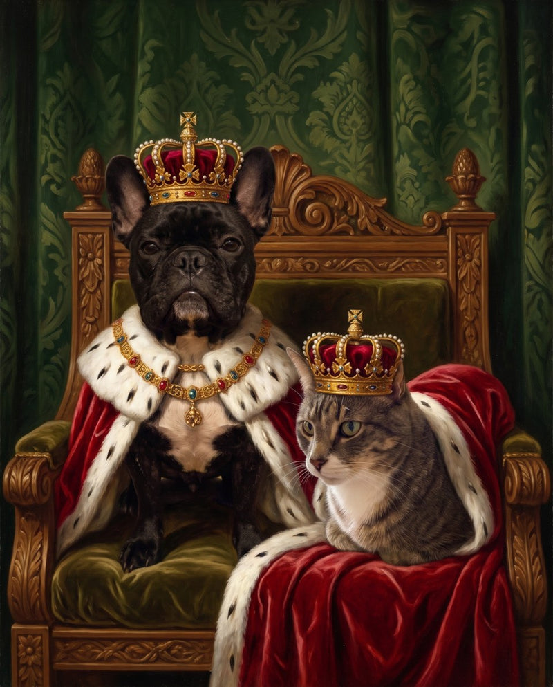 2-pet Royal portrait example. A dog and cat, together in royal dress.