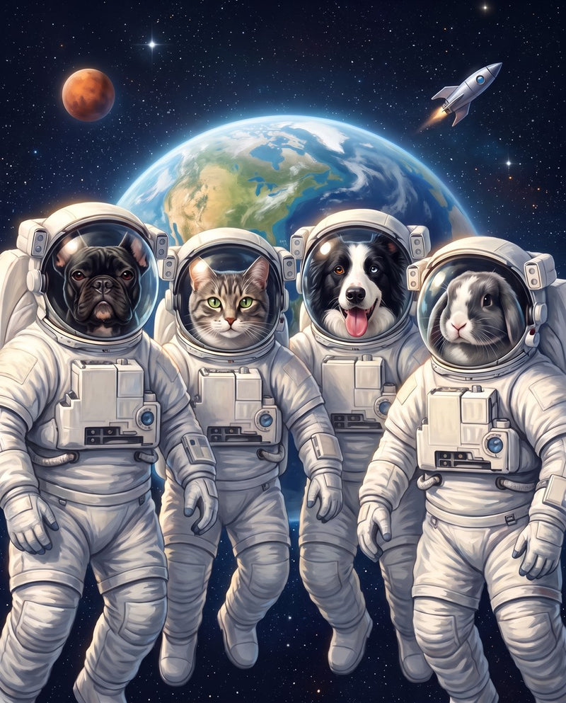 4-pet Space portrait example. Two dogs, a cat and a rabbit on a space adventure.